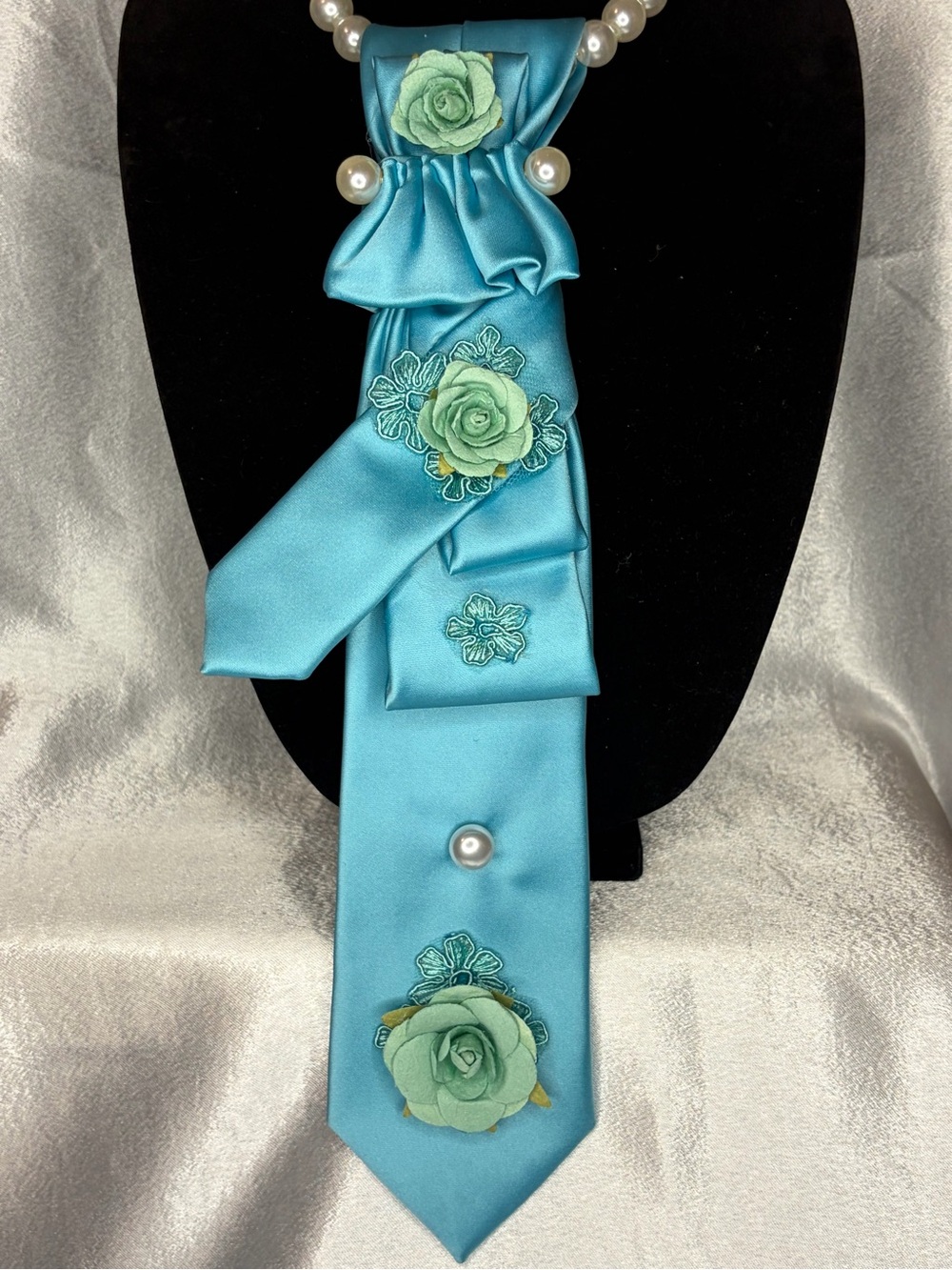 Teal Satin Floral Ribbon Tie Necklace